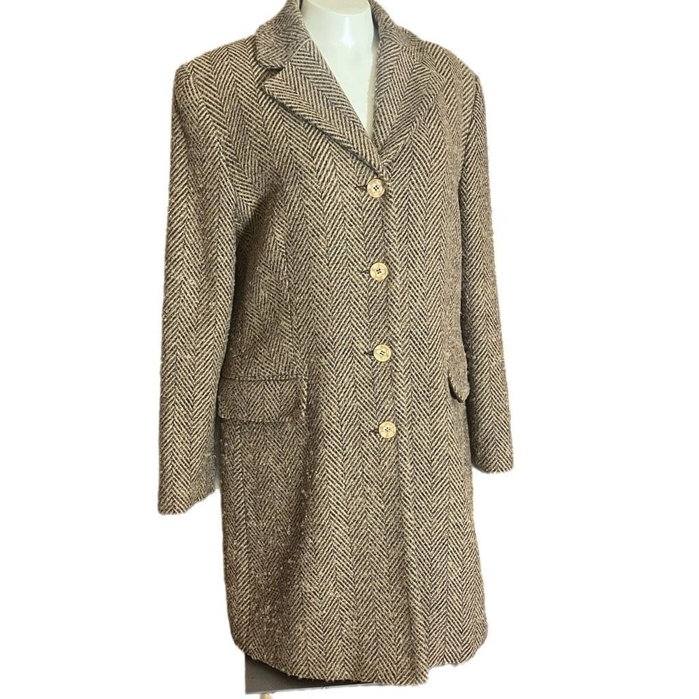 Pendleton Herringbone Tan Button Up Lined Wool Coat‎ Sz 10